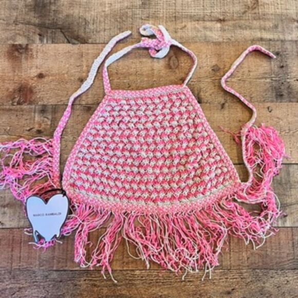 Marco Rambaldi Ssense Pink Crochet Halter Top Fringe Hem NEW NWT L Cotton Linen - Picture 5 of 9